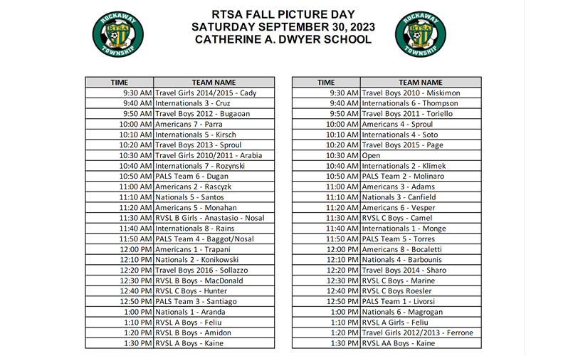 Fall Picture Day Schedule for Saturday, 9/30